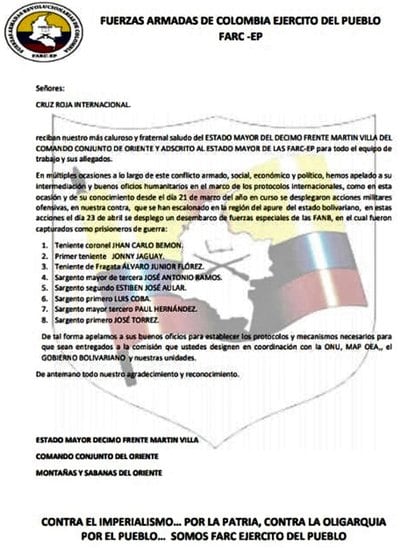 El comunicado que las FARC difundió en las redes en el Alto Apure y el Arauca colombiano