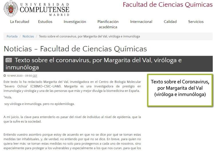 La carta de Margarita del Val, viróloga e inmunóloga, sobre el coronavirus (Universidad Complutense de Madrid)
