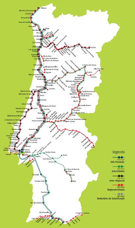 Mapa de destinos com Portugal (Comboios de Portugal).