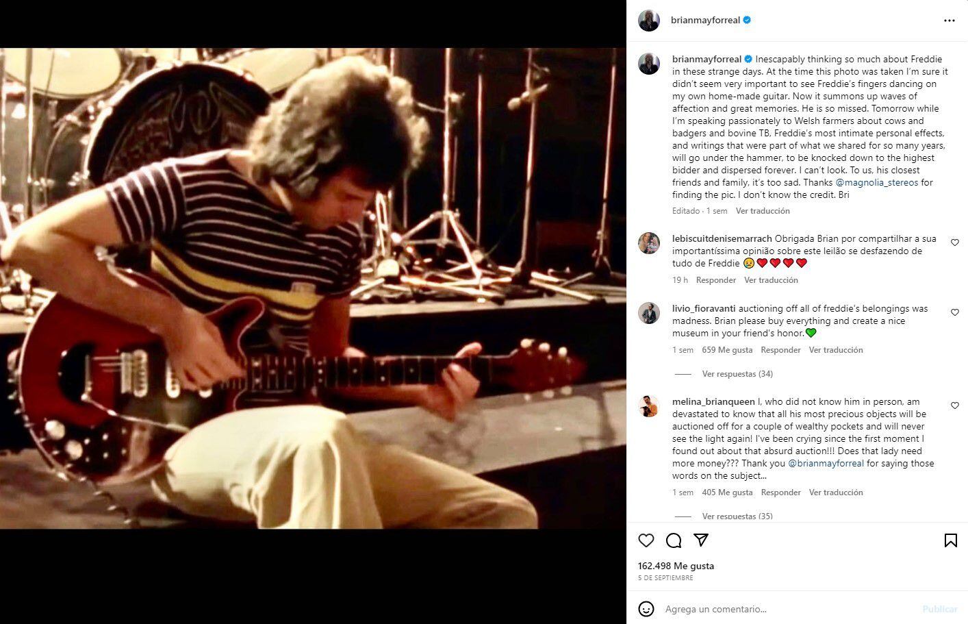El guitarrista de Queen, Brian May, compartió su descontento por la realización de esta subasta