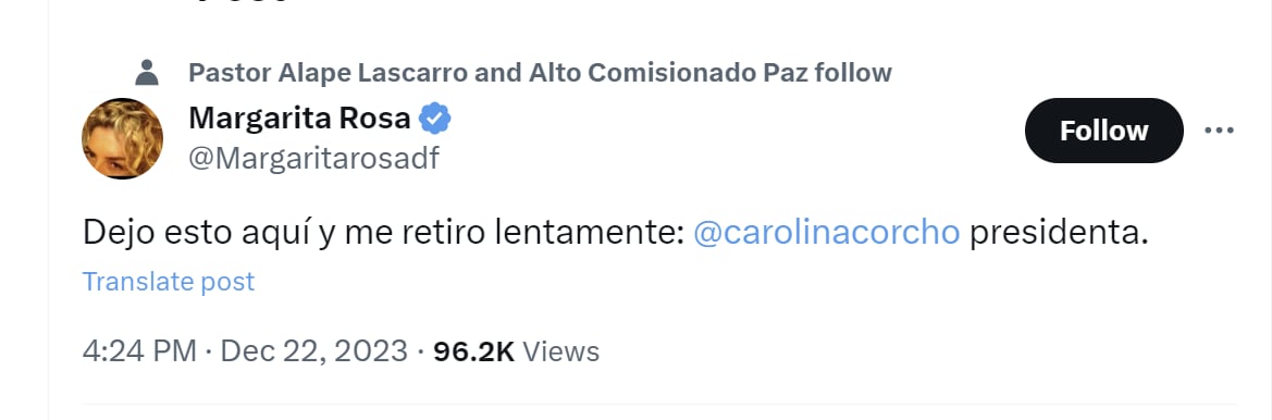 Margarita Rosa de Francisco generó polémica por su propuesta de que la exministra Carolina Corcho sea presidenta de Colombia - crédito @Margaritarosadf/X