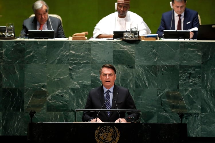El presidente de Brasil Jair Bolsonaro hablando en la Asamblea de las Naciones Unidas (REUTERS/Lucas Jackson)