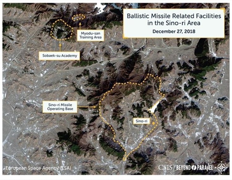 Vista aÃ©rea de la Base de Operaciones de Misiles Sino-ri, la Academia Sobaek-su y el Ã¡rea de entrenamiento Myodu-san el 28 de diciembre de 2018 (Beyond Parallel)