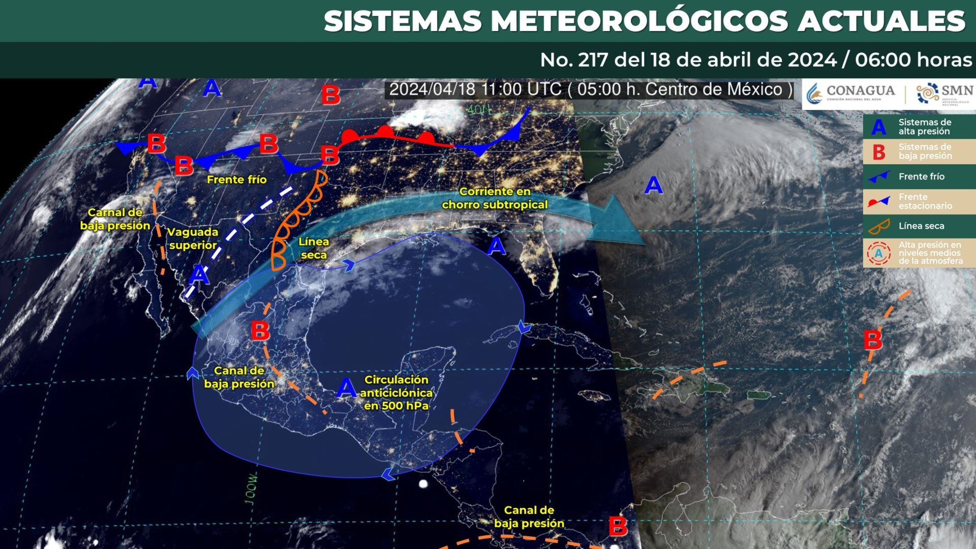 Mapa de los sistemas meteorológicos que influirán en el clima de México para este jueves 17 de abril