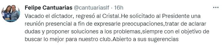 Mensaje de Felipe Cantuarias en Twitter para hablar con Joel Raffo, presidente de Sporting Cristal.