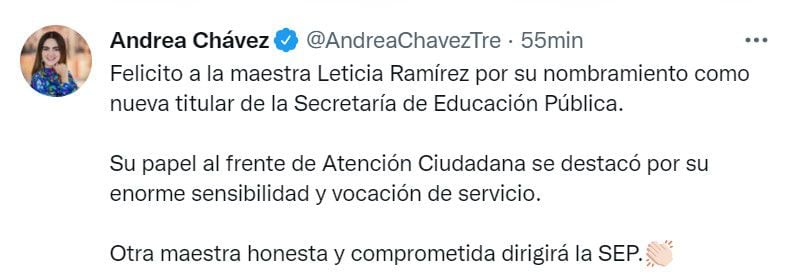 Andrea Chávez recordó que Ramírez Amaya destacó al frente de Atención Ciudadana (Foto: Twitter/@AndreaChavezTre)