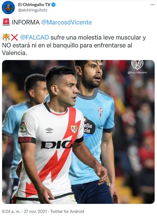 Una "leve molestia muscular" retrasa el regreso de Radamel Falcao con Rayo Vallecano