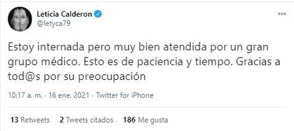 El mensaje con el que Lety Calderón notificó su situación de salud (Foto: Twitter de Leticia Calderón)