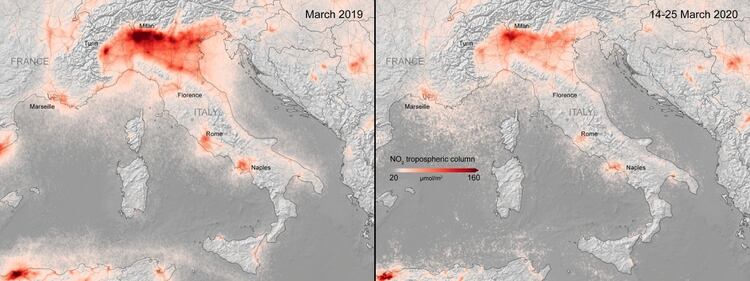 Dos imágenes de Italia tomadas por la Agencia Espacial Europea, de 2019 y 2020, muestran cómo se redujo la contaminación por el paro económico que causó el COVID-19 (ESA/ Handout vía Reuters)