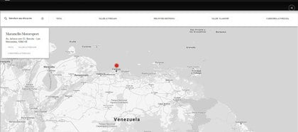 El sitio web de Ferrari señala con un punto rojo la ubicación de su concesionario oficial en Caracas, Venezuela 