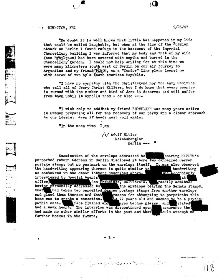 Las dos páginas del informe del FBI en el que se investiga y se confirma la falsedad de un parte redactado por un propio agente sobre un posible escape de Hitler a la Argentina
