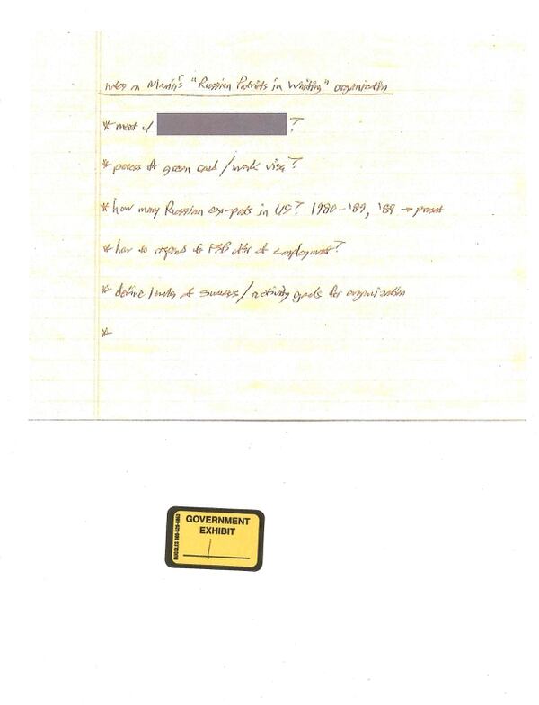 Una anotación escrita por Mariia Butina mostrado durante el juicio (Gobierno de Estados Unidos via REUTERS)