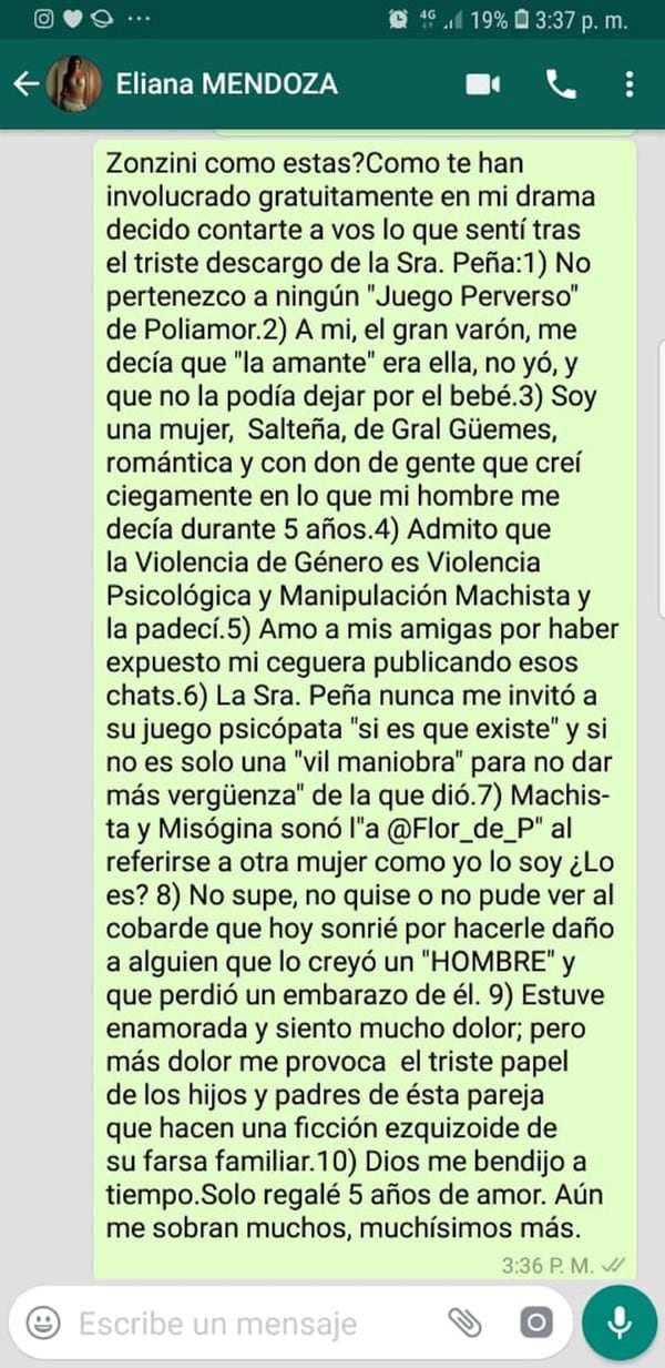 El mensaje que Jorge Zonzini asegura que recibiÃ³ de Eliana Mendoza, la amante de Ramiro Ponce de LeÃ³n, el novio de Florencia PeÃ±a