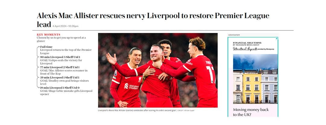 "Alexis Mac Allister rescata al nervioso Liverpool para recuperar el liderato de la Premier League", tituló The Telegraph