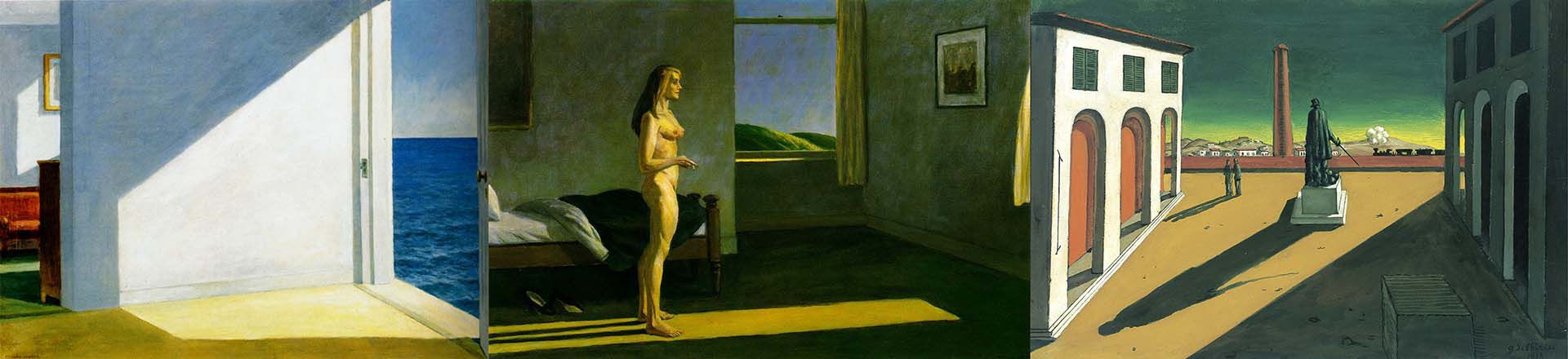"Habitaciones junto al mar" (1951) y "Mujer frente al sol" (1961), ambos de Hopper, y "Plaza" (1913), de Giorgio de Chirico 