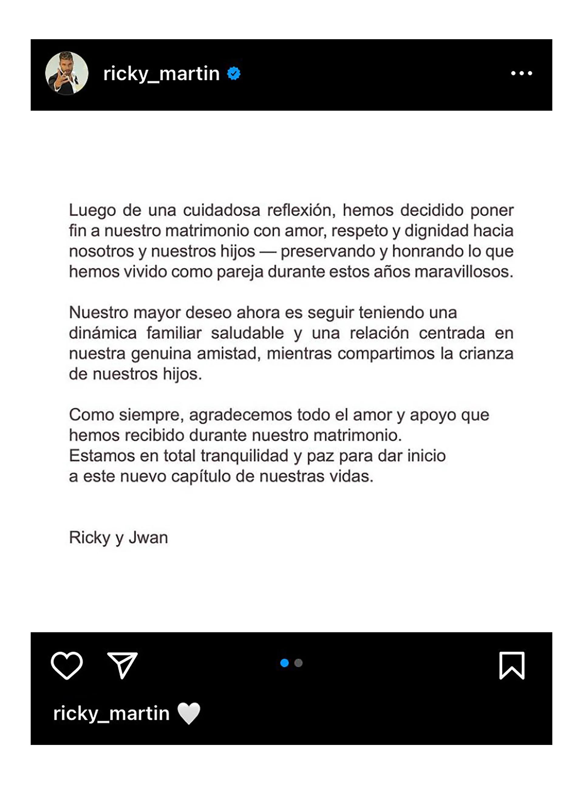 Ricky Martin confirmó su separación en Instagram
