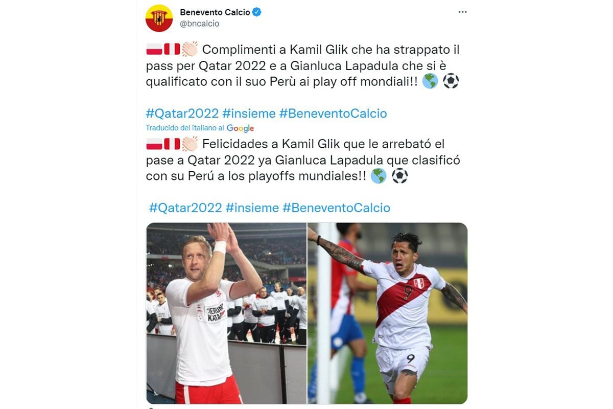 Beneventos Beitrag auf Twitter nach Perus Sieg mit Gianluca Lapadula.