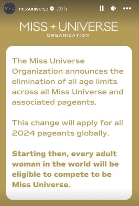 Comunicado de Miss Universo sobre cambios en su reglamento. | captura/Instagram