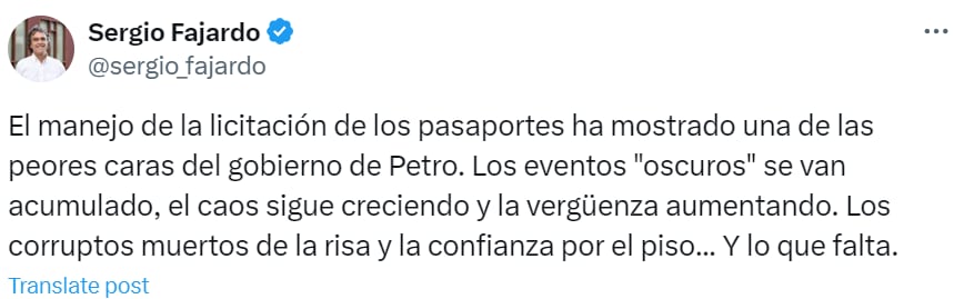 Sergio Fajardo se despachó en contra de Gustavo Petro, con respecto a la licitación de los pasaportes - crédito @sergio_fajardo/X