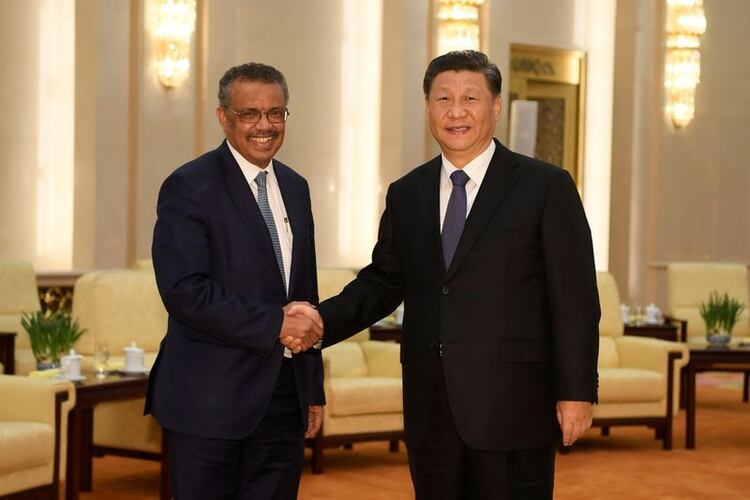 Tedros Adhanom, director general de la OMS, junto al presidente chino, Xi Jinping, en Beijing, a fines de enero (Reuters)