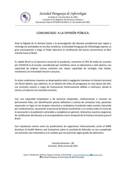 El comunicado completo de la Sociedad Paraguaya de Infectología