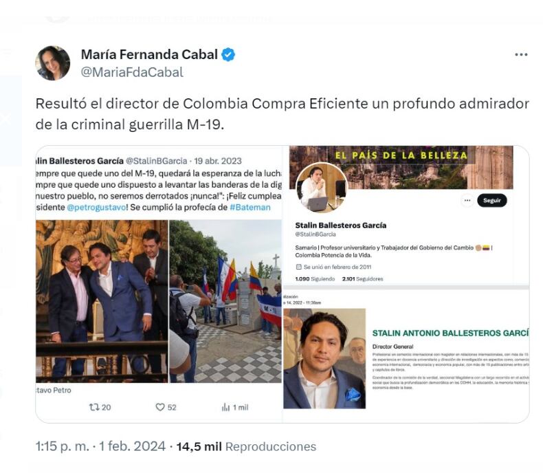 María Fernanda Cabal y sus comentarios contra director de Colombia Compra Eficiente