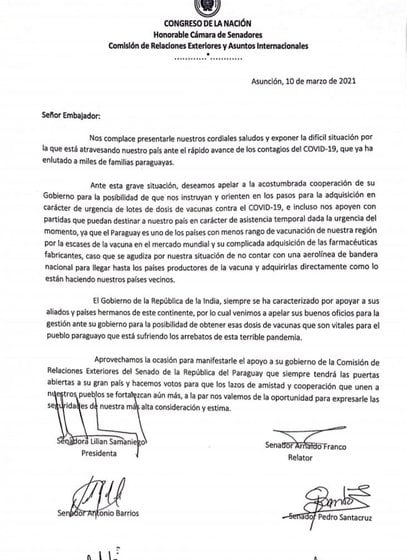 El escrito de los legisladores paraguayos (Senado de Paraguay)