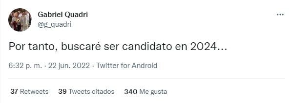 Quadri declaró que el Tribunal le dio la razón al revocar el periodo en el que deberá estar en el Registro Nacional de Personas Sancionadas en materia de Violencia Política de Género (Foto: Twitter/@g_quadri)