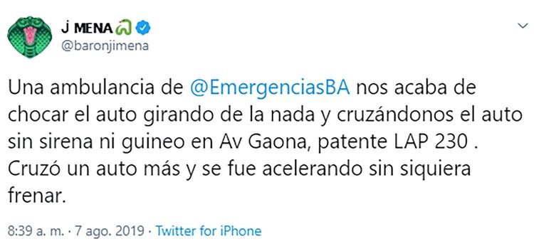 Captura del mensaje de Jimena Barón en Twitter