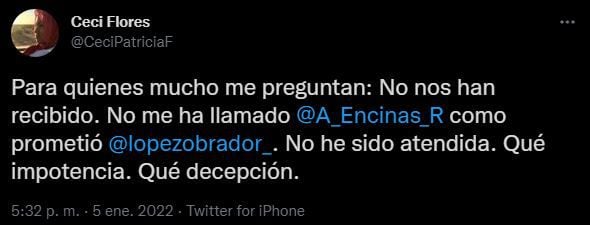 Cecilia Flores se dio "decepcionada" por no poder reunirse con el funcionario (Foto: Twitter)