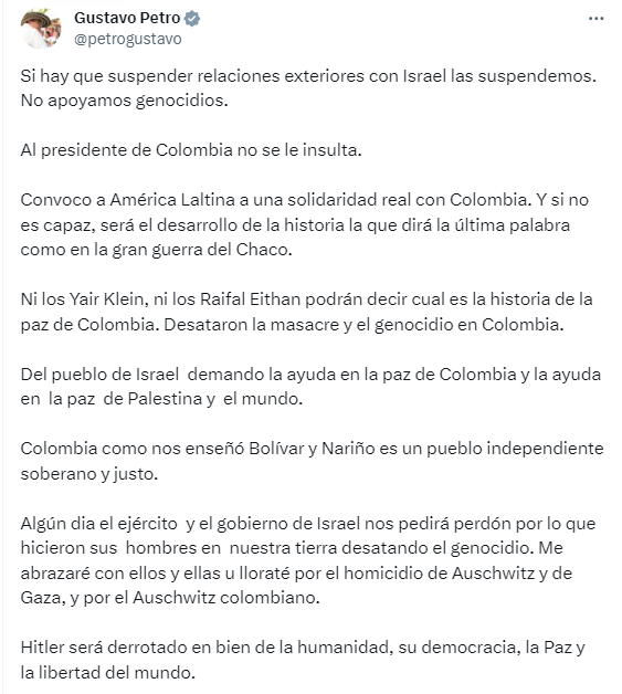 Esta es la publicación con la Gustavo Petro reiteró su apoyo a Palestina - crédito  @petrogustavo/X