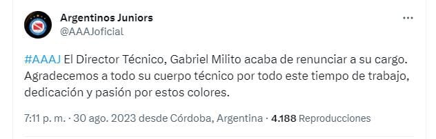 Así comunicó Argentinos Juniors la renuncia de Gabriel Milito