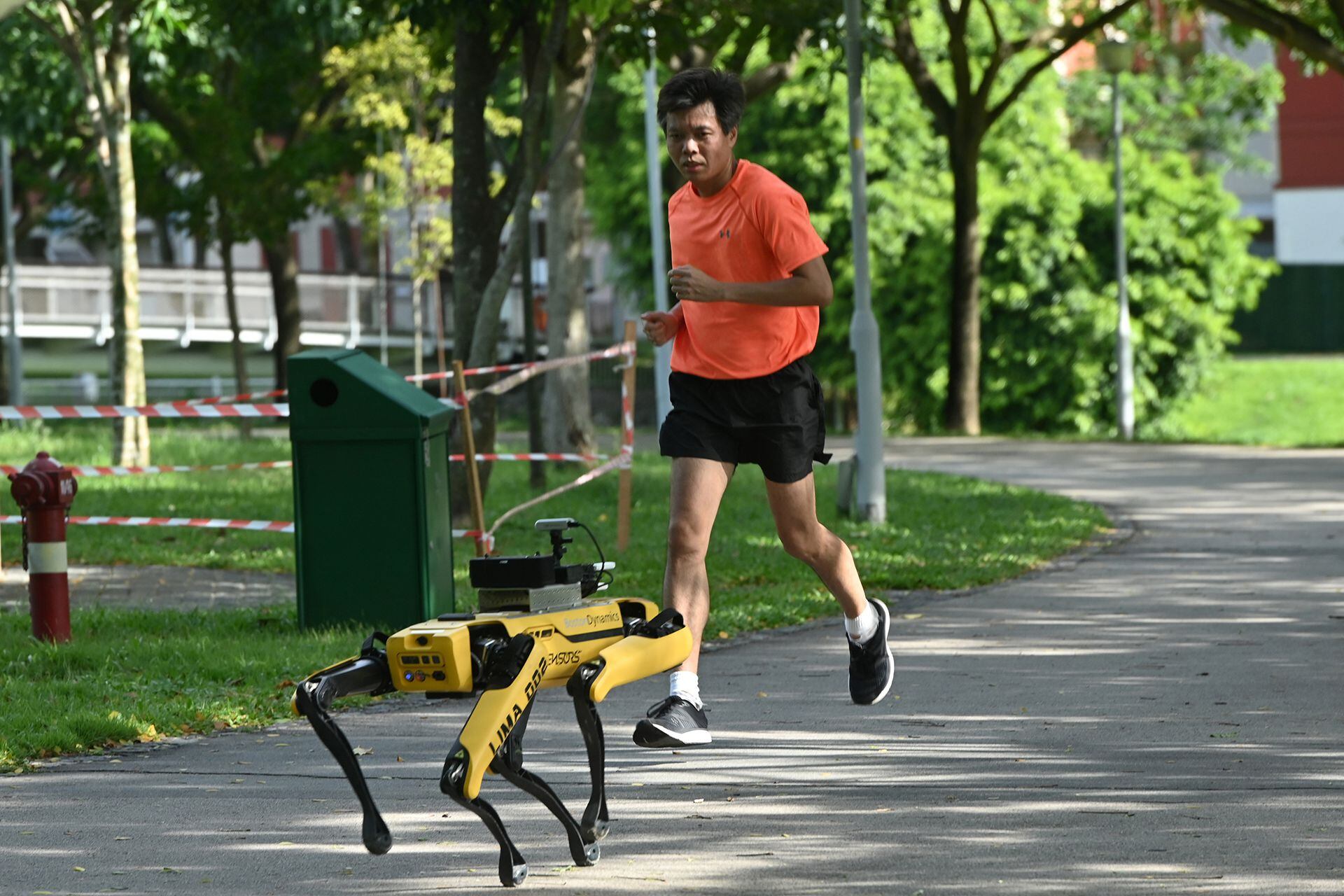El robot Spot recorre los parques en Singapur y mide la distancia social entre personas (Photo by Roslan RAHMAN / AFP)