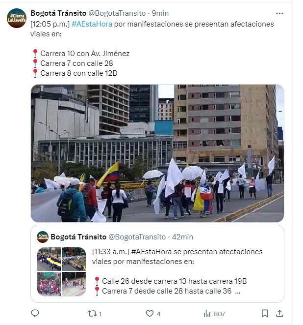 Se confirmó que varias estaciones de TransMilenio que permanecían cerradas ya están de nuevo brindando el servicio - crédito @BogotaTransito/X