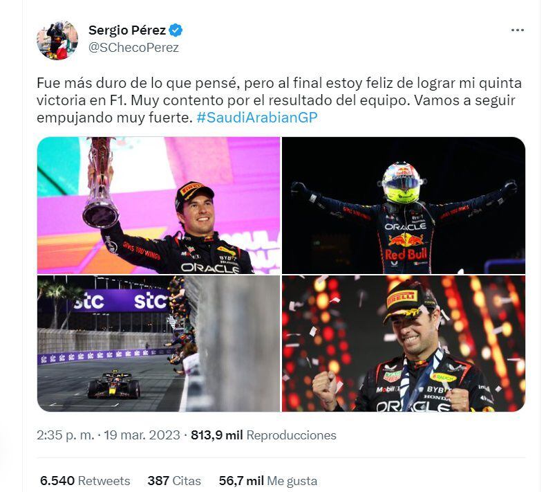 mensaje corregido de Checo Pérez al ganar el GP de Arabia Saudita