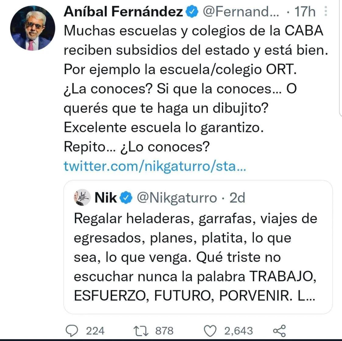 La reacción de Aníbal Fernández a la crítica del historietista Nik