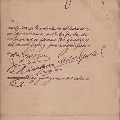 Páginas del contrato firmado entre Carlos Gardel, José Razzano y Francisco Canaro.