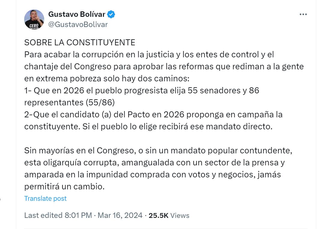 Gustavo Bolívar se refirió a la Asamblea Nacional Constituyente que propuso el presidente Gustavo Petro - crédito @GustavoBolivar/X