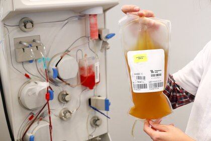A nurse holds a bag of plasma from a recovered coronavirus disease (COVID-19) donor next to an apheresis machine at the Belgian Red Cross blood collection center in Brussels, Belgium October 27, 2020. Picture taken October 27, 2020. REUTERS/Francois Lenoir