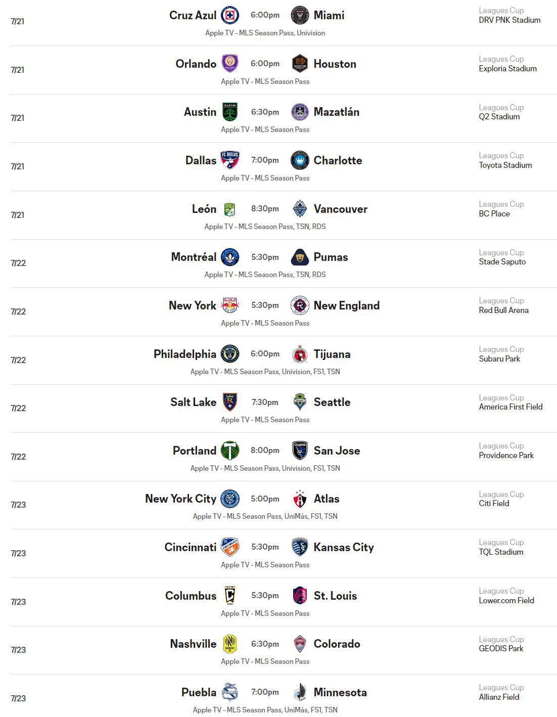 Estos son todos los partidos de la jornada 1 de la Leagues Cup.