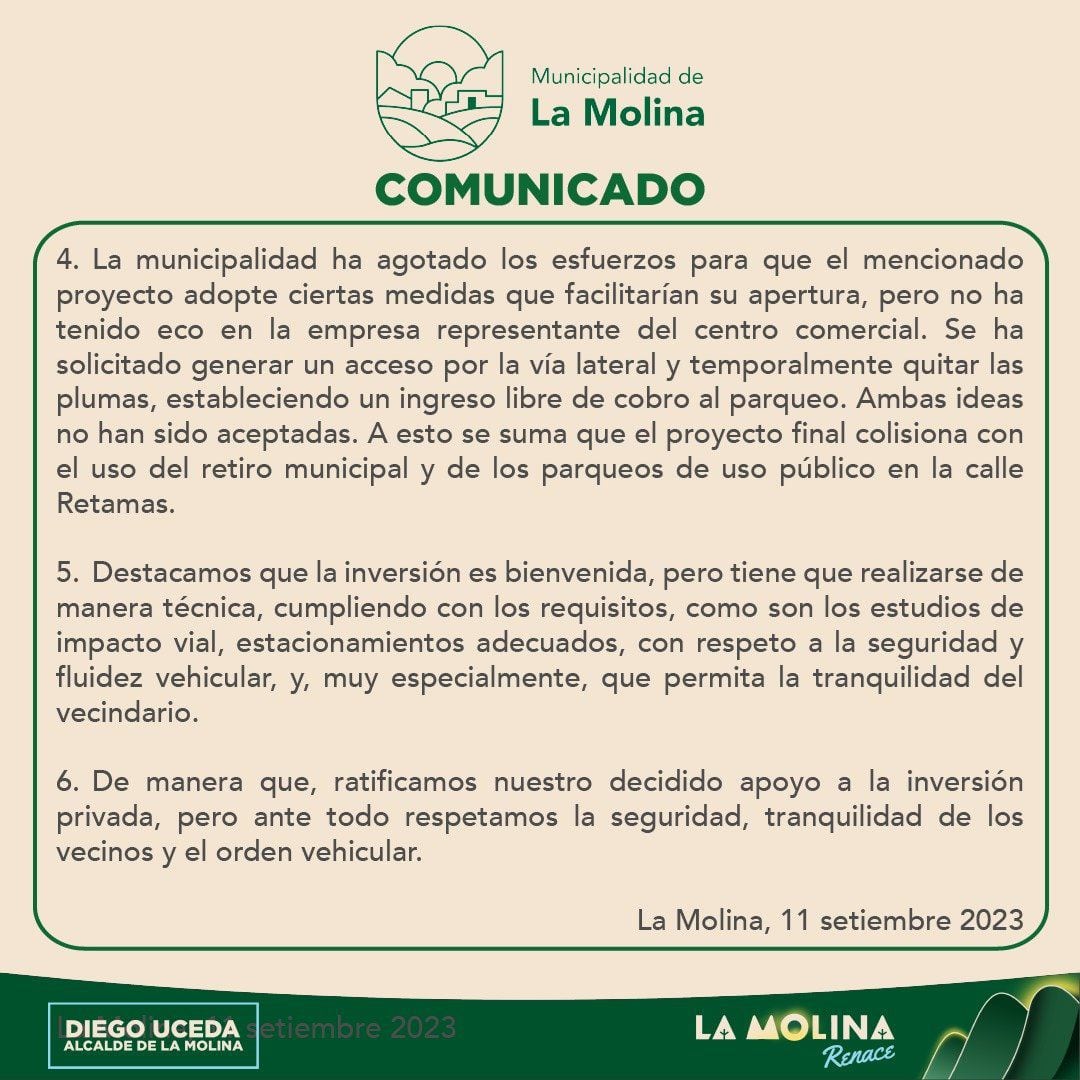 Parte del comunicado que emitió la Municipalidad sobre el caso Cencosud el 11 de septiembre. - Crédito Municipalidad de La Molina