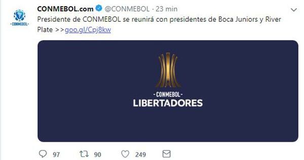 La publicación en Twitter del comunicado que la Conmebol borró pocos minutos después
