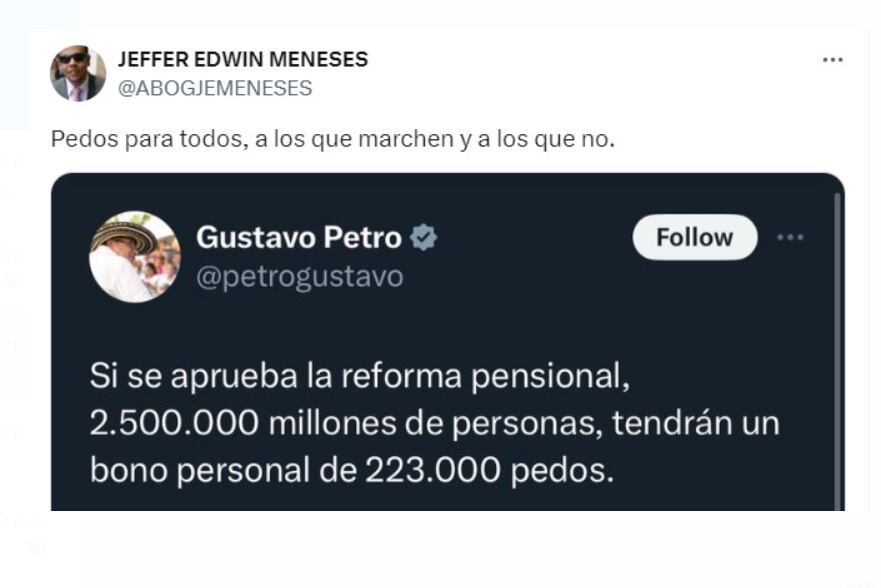La publicación del presidente Petro en redes sociales rápidamente se volvió viral, provocando una amplia respuesta por parte de los usuarios -  crédito @ABOGJEMENESES/X