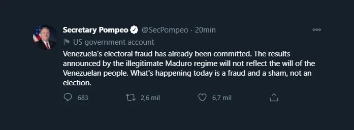 El tuit de Pompeo (Twitter: @SecPompeo)