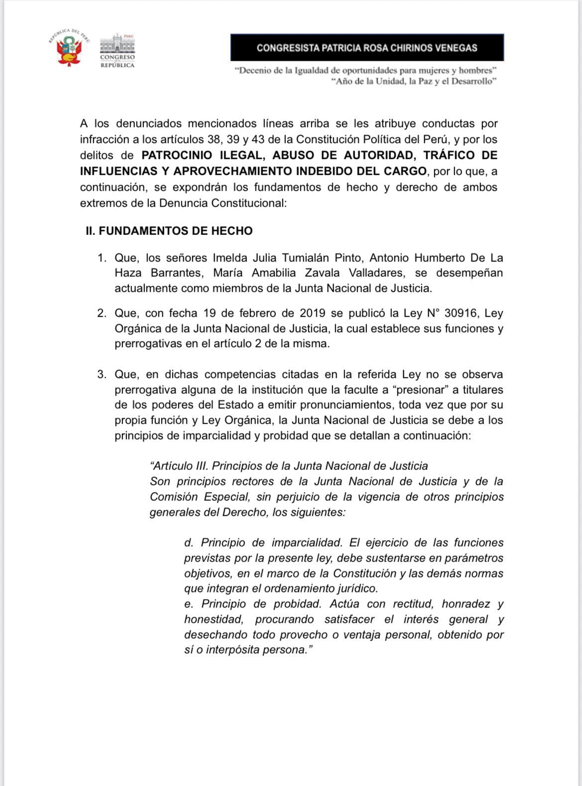 Denuncia constitucional de la congresista Patricia Chirinos (Avanza País) contra tres integrantes de la Junta Nacional de Justicia. 