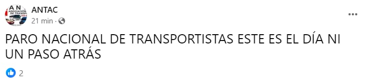ANTAC hace un llamado a sumarse al paro nacional de transportistas de este lunes 5 de febrero