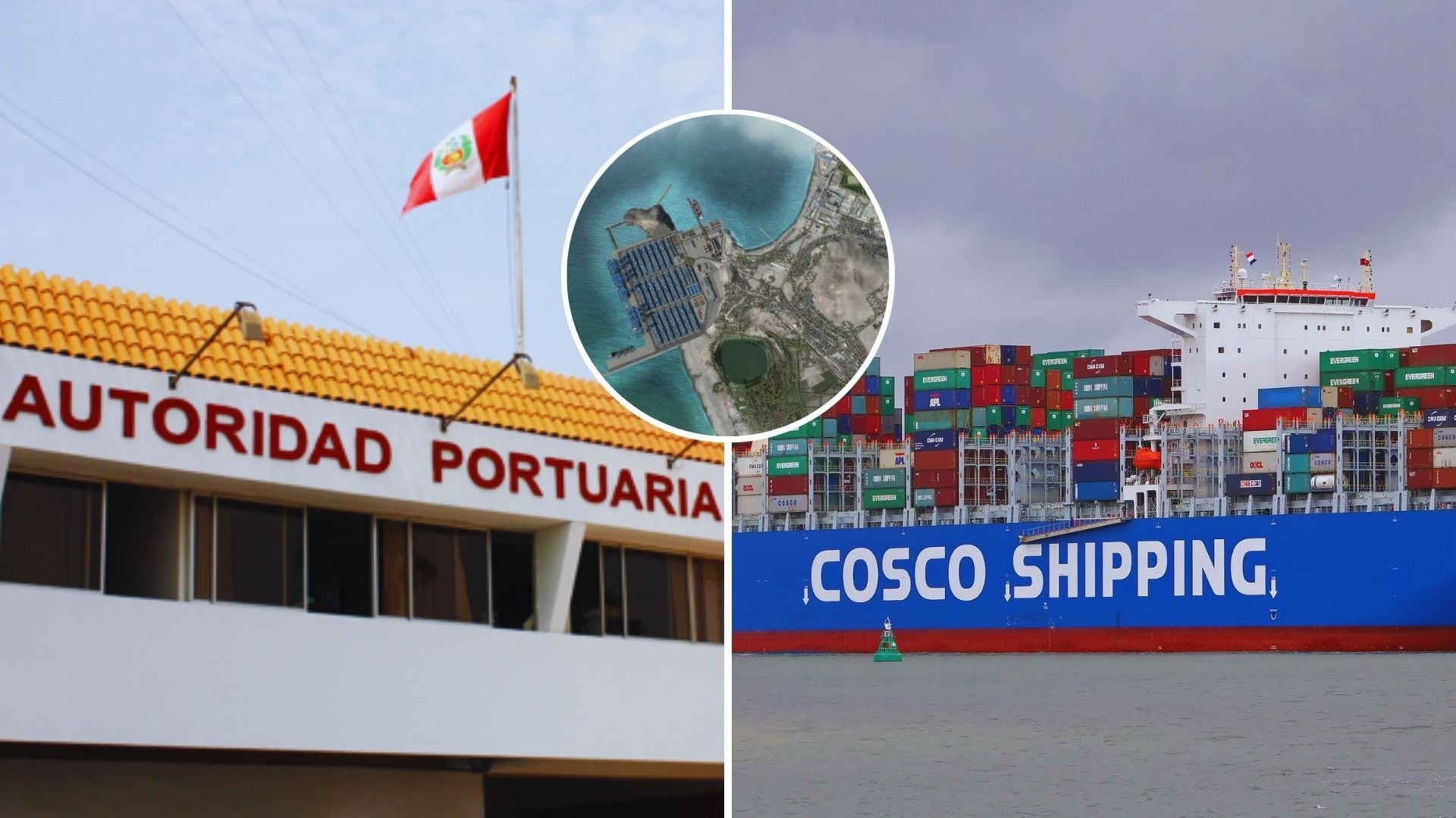 Autoridad Portuario Nacional de Perú y barco de Cosco Shipping y Megapuerto de Chancay en un círculo entre los dos anteriores