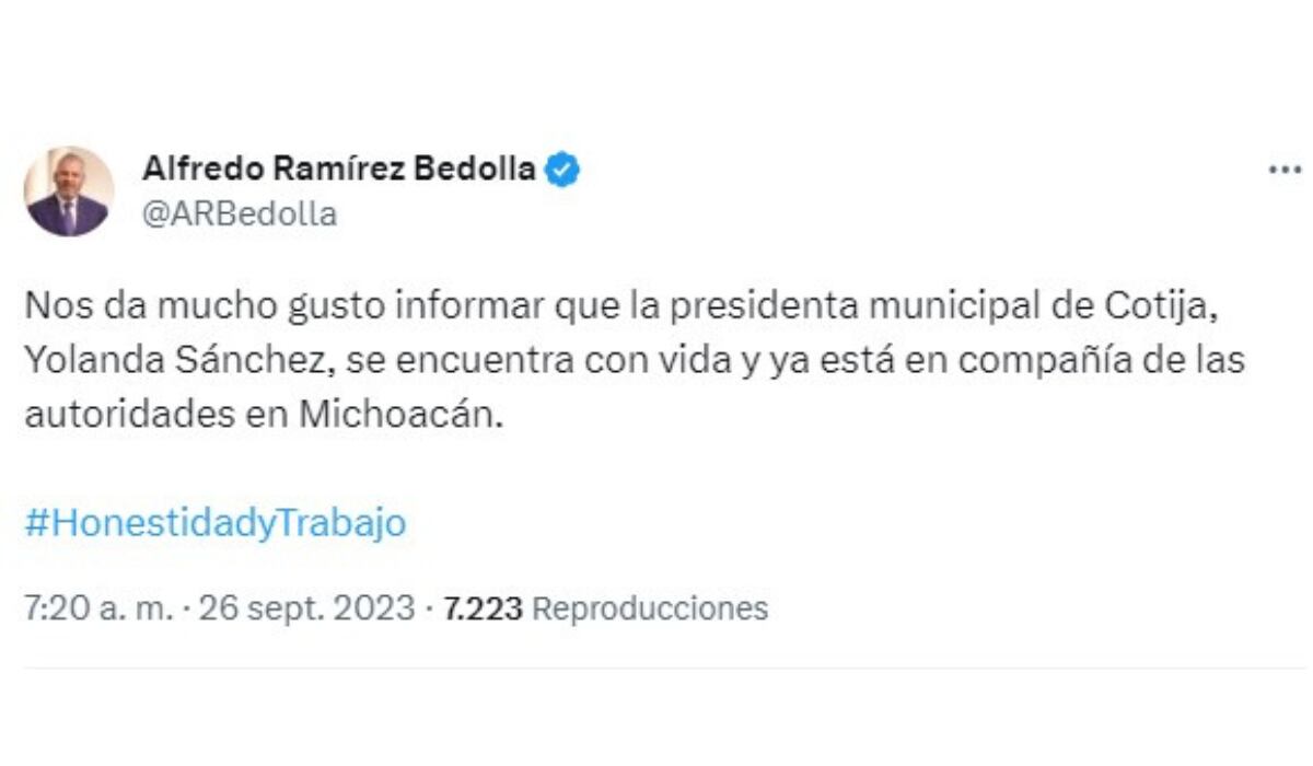El gobernador de Michoacán, Alfredo Ramírez Bedolla, confirmó que la alcaldesa de Cotija fue liberada en dicho estado (Foto: Twitter@ARBedolla)