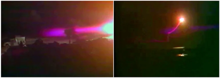 Dos fotogramas de la historica filmacion del 12 de junio de 1982. A la izquierda,  una camioneta y la ITB tras disparar el Exocet y a la derecha el misil volando hacia el blanco (Carlos Ries Centeno)