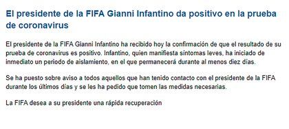Gianni Infantino, presidente de la FIFA, tiene coronavirus - Infobae